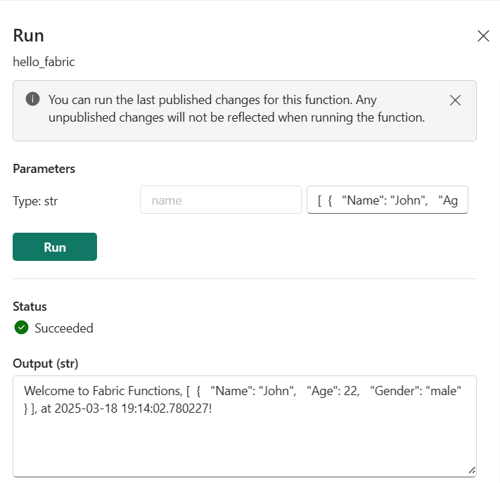 Screenshot showing the output when a function is successfully executed.