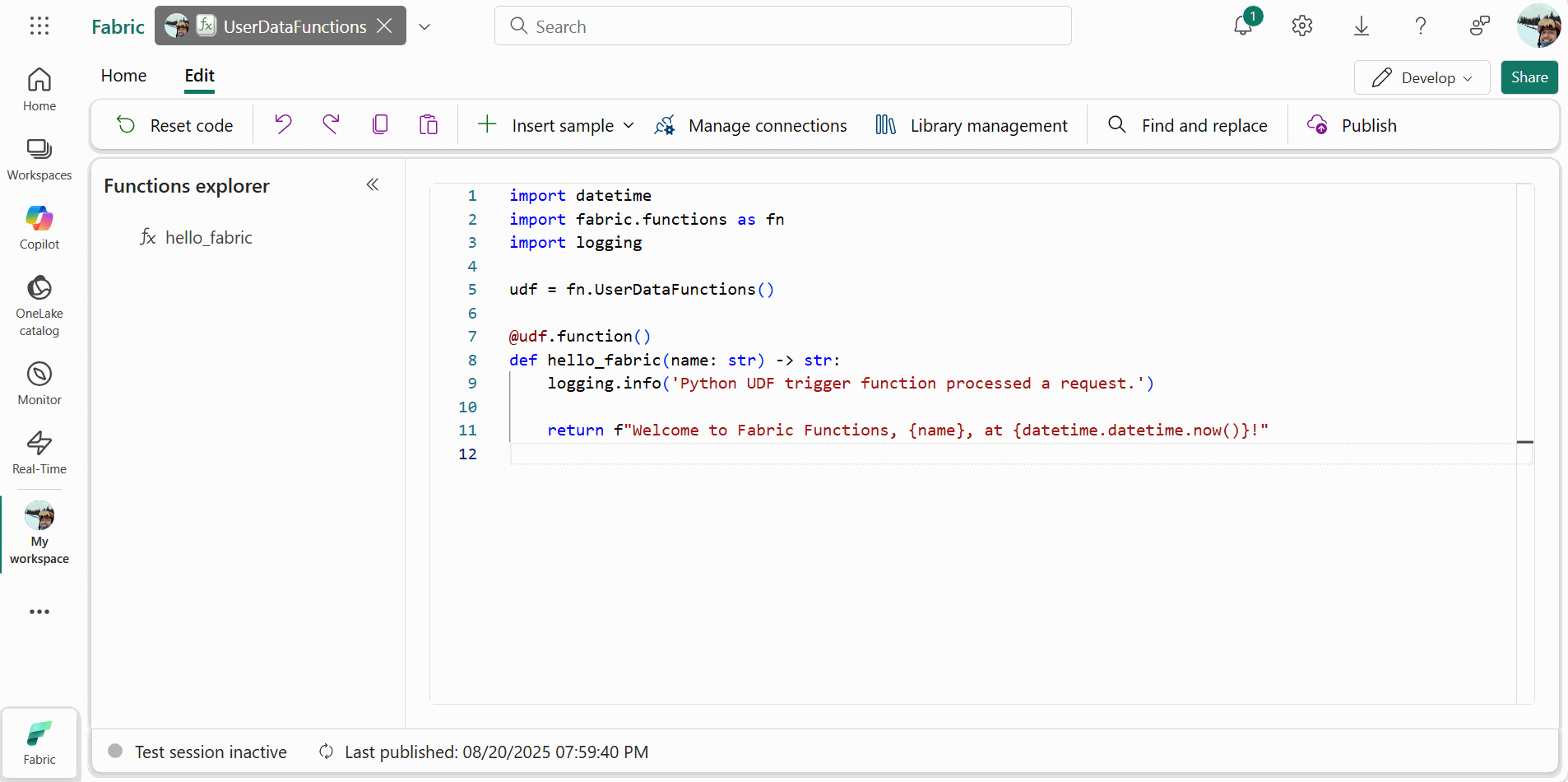Screenshot showing the code for hello-fabric function.