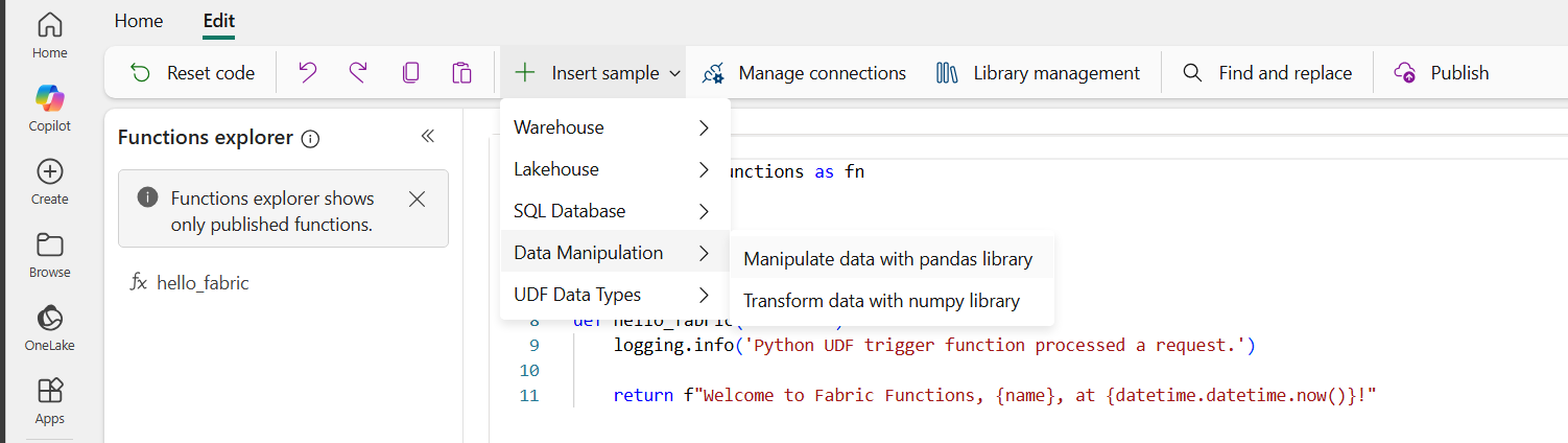 Screenshot showing how to insert a sample that uses pandas library.