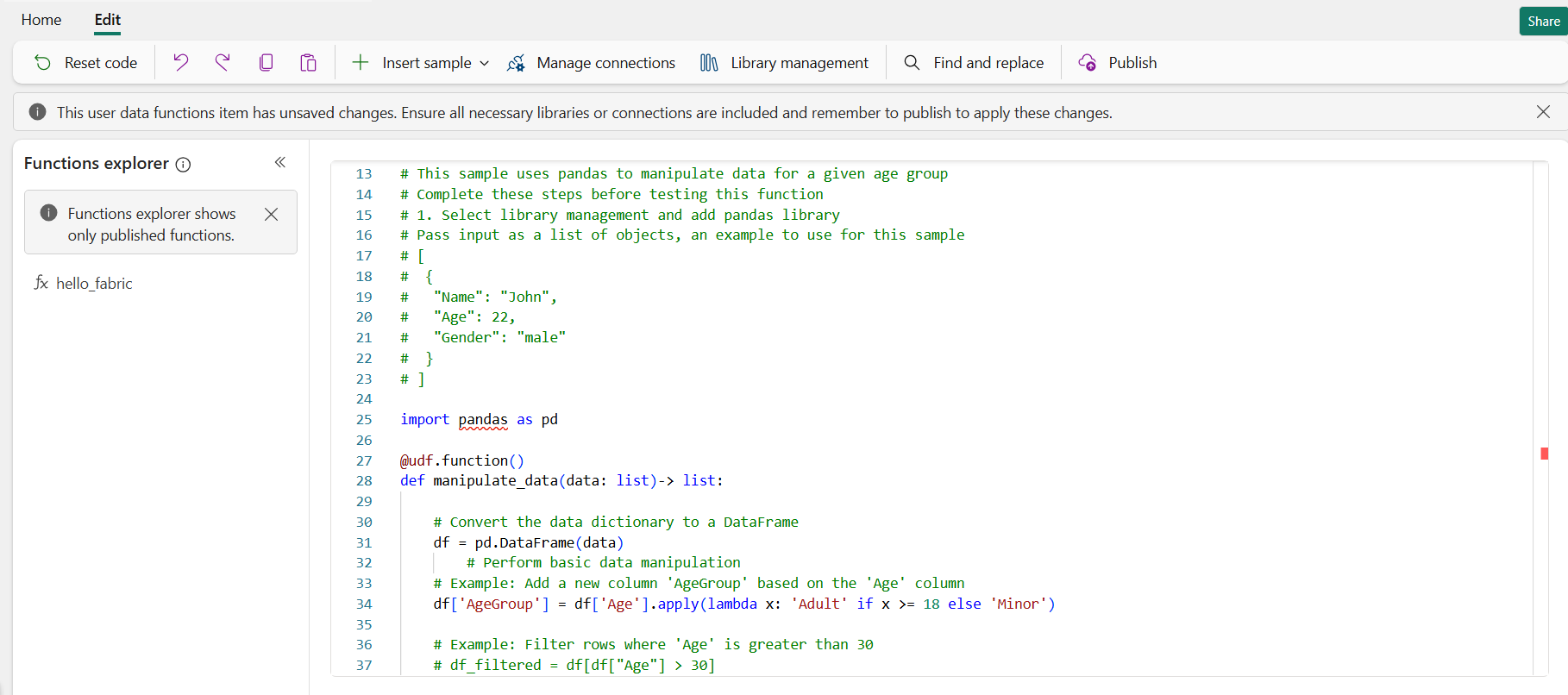 Screenshot showing code snippet of the sample in the editor.