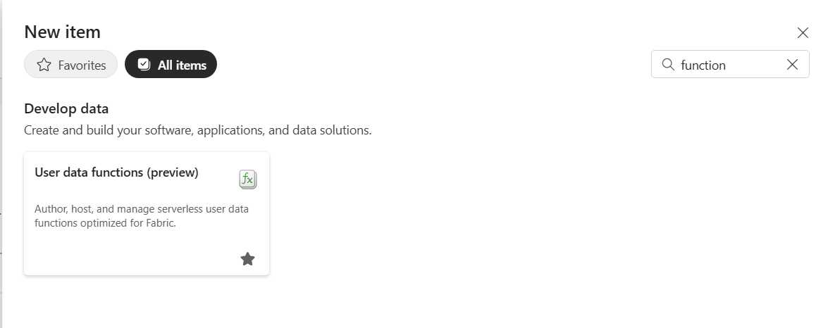 Screenshot showing user data functions tile in the new item pane.