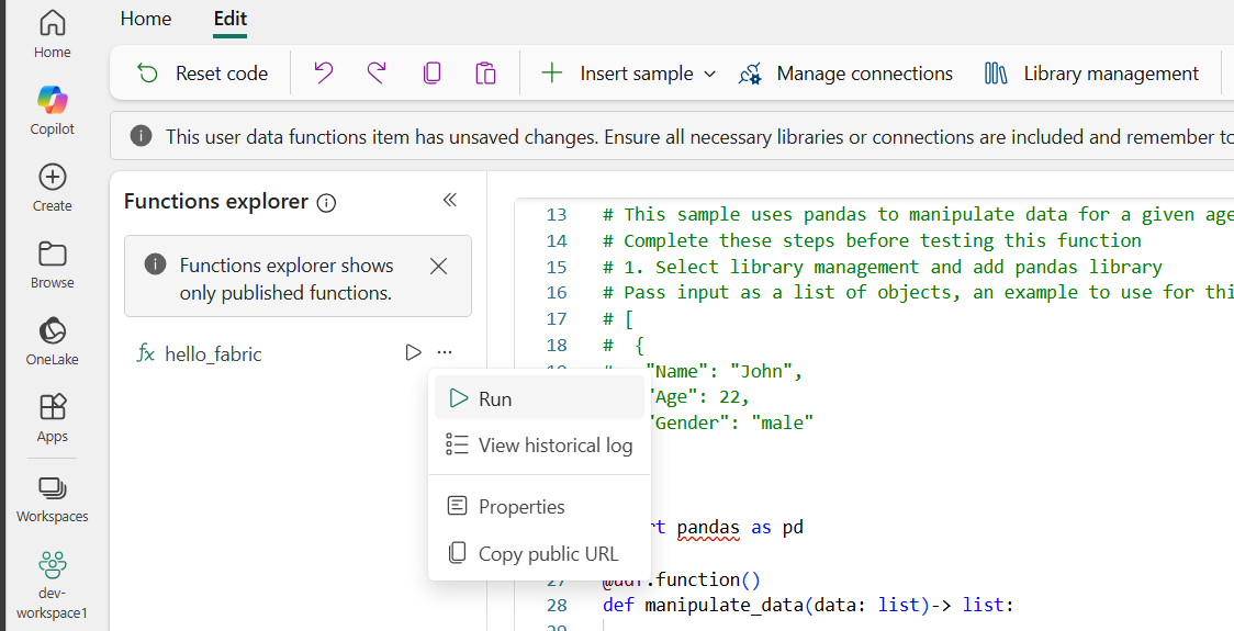 Screenshot showing how to run the functions.