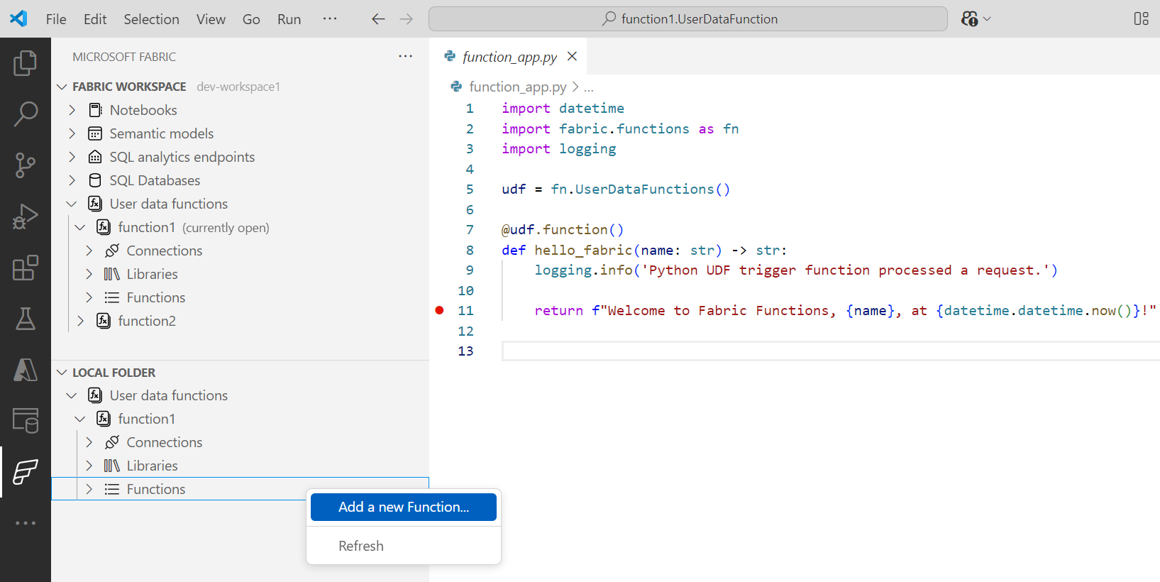 Screenshot showing how to add a new function in a user data functions item for local development.
