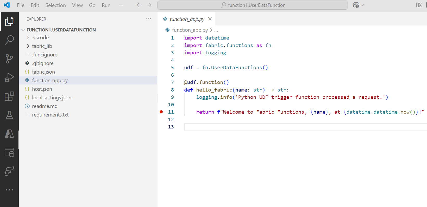 Screenshot showing a user data functions item opened in VS Code.