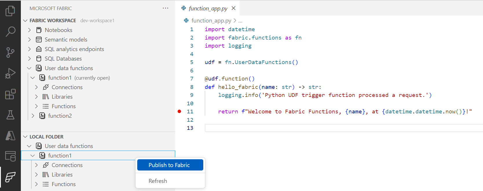 Screenshot showing how to publish your changes or newly added functions in a user data functions item for local development.