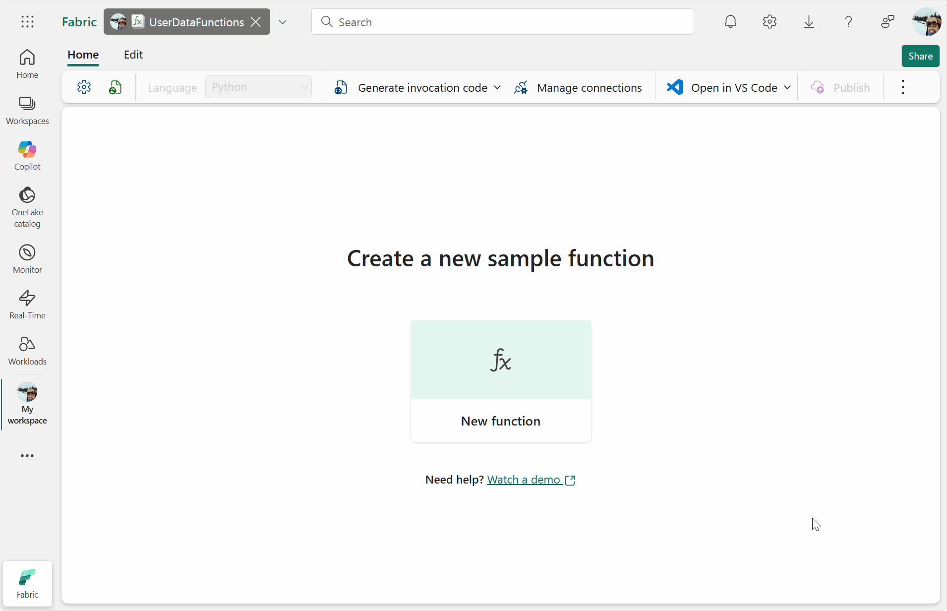 Animated GIF showing the interface of Fabric User Data Functions.