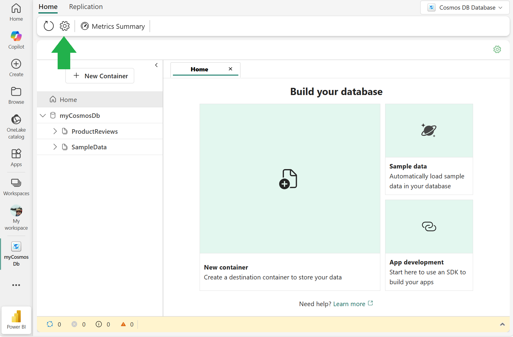 Screenshot showing the Fabric Cosmos DB settings button location.