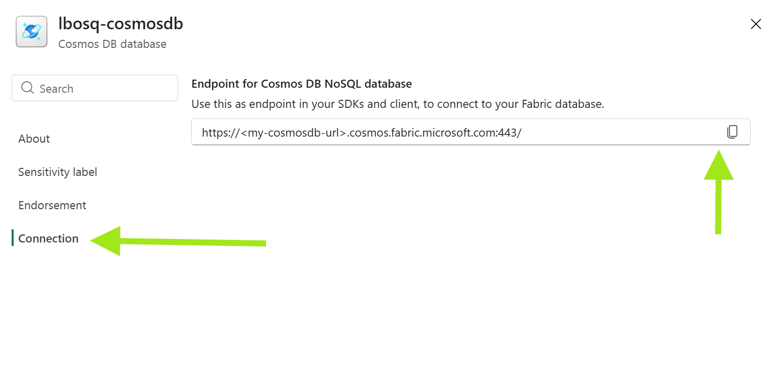 Screenshot showing the Fabric Cosmos DB endpoint URL.