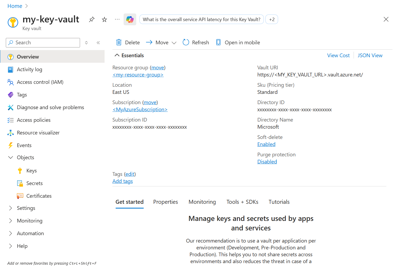 Screenshot showing the Azure Key Vault endpoint URL and values.