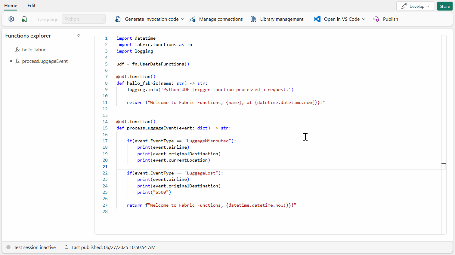 Screenshot showing how to switch modes in the Fabric portal.