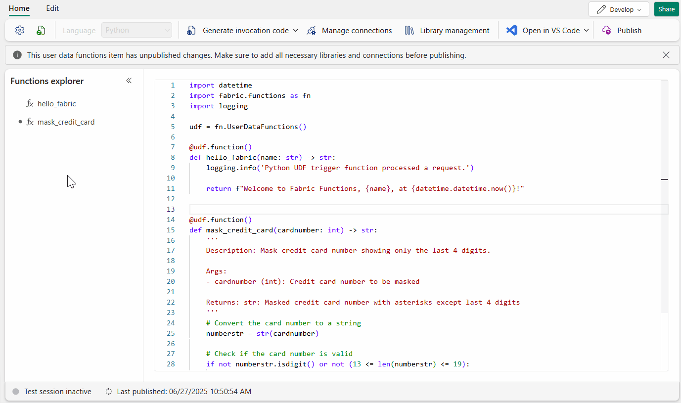 Screenshot showing how to test a new function.