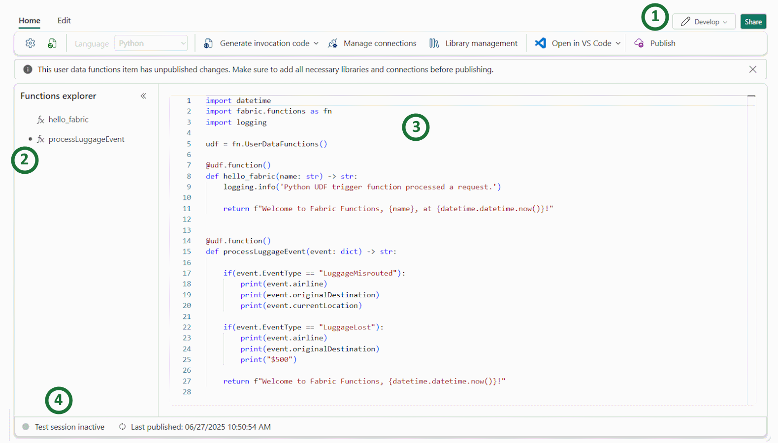 Screenshot showing the components of Develop mode in the Fabric portal.