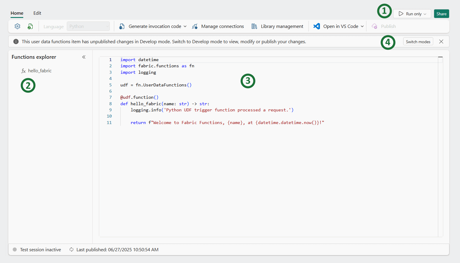 Screenshot showing the components of Run only mode in the Fabric portal.