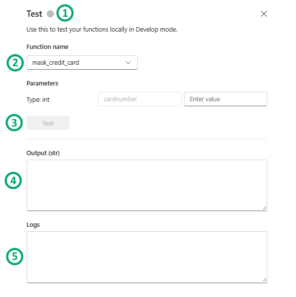 Screenshot showing the different parts of the Test panel.