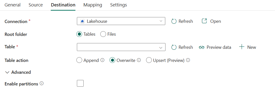 Screenshot showing destination tab.