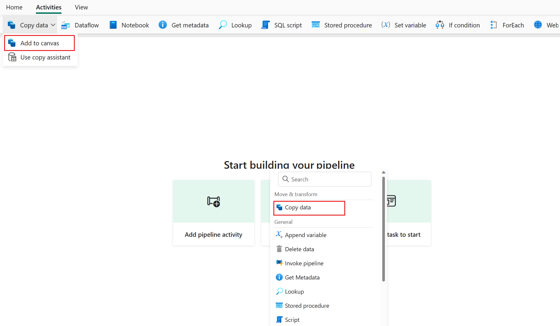 Screenshot showing two ways to add a copy activity.