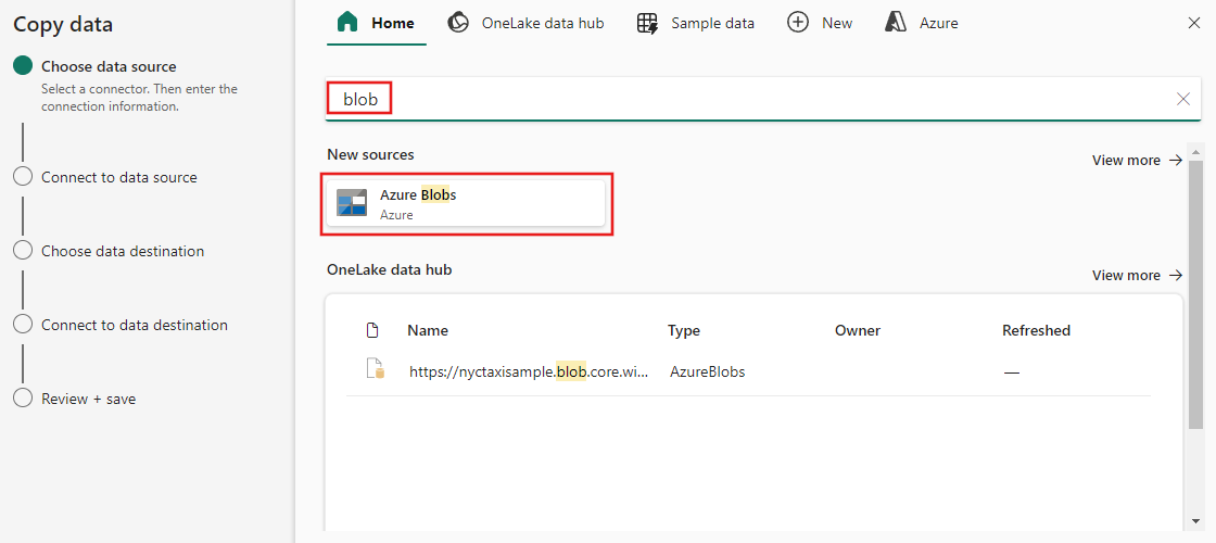 Screenshot of Choose data source screen.