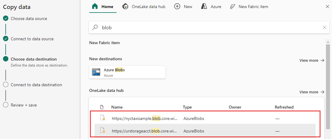Screenshot showing how to select Azure Blob Storage.