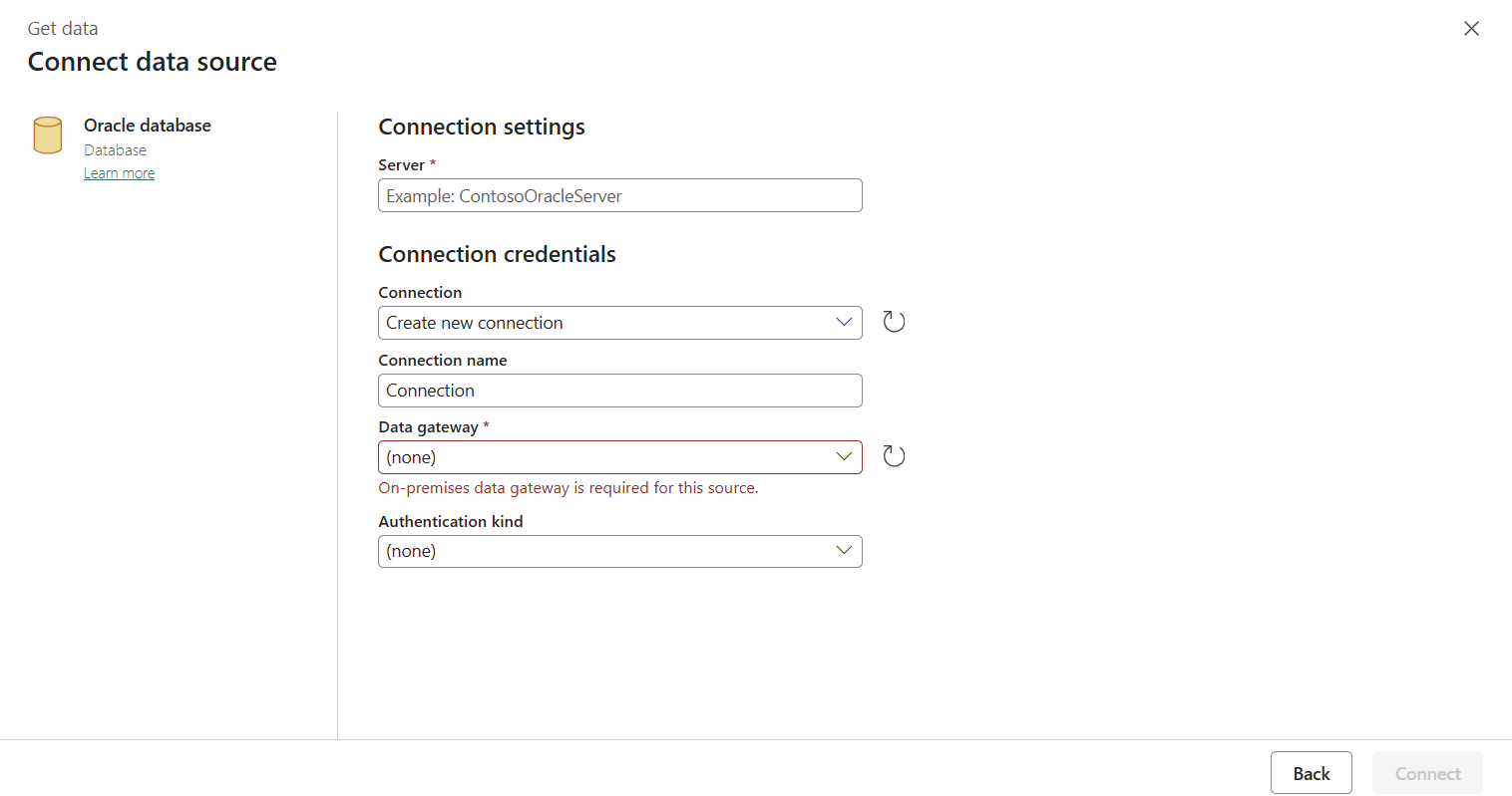 Screenshot showing New connection page.