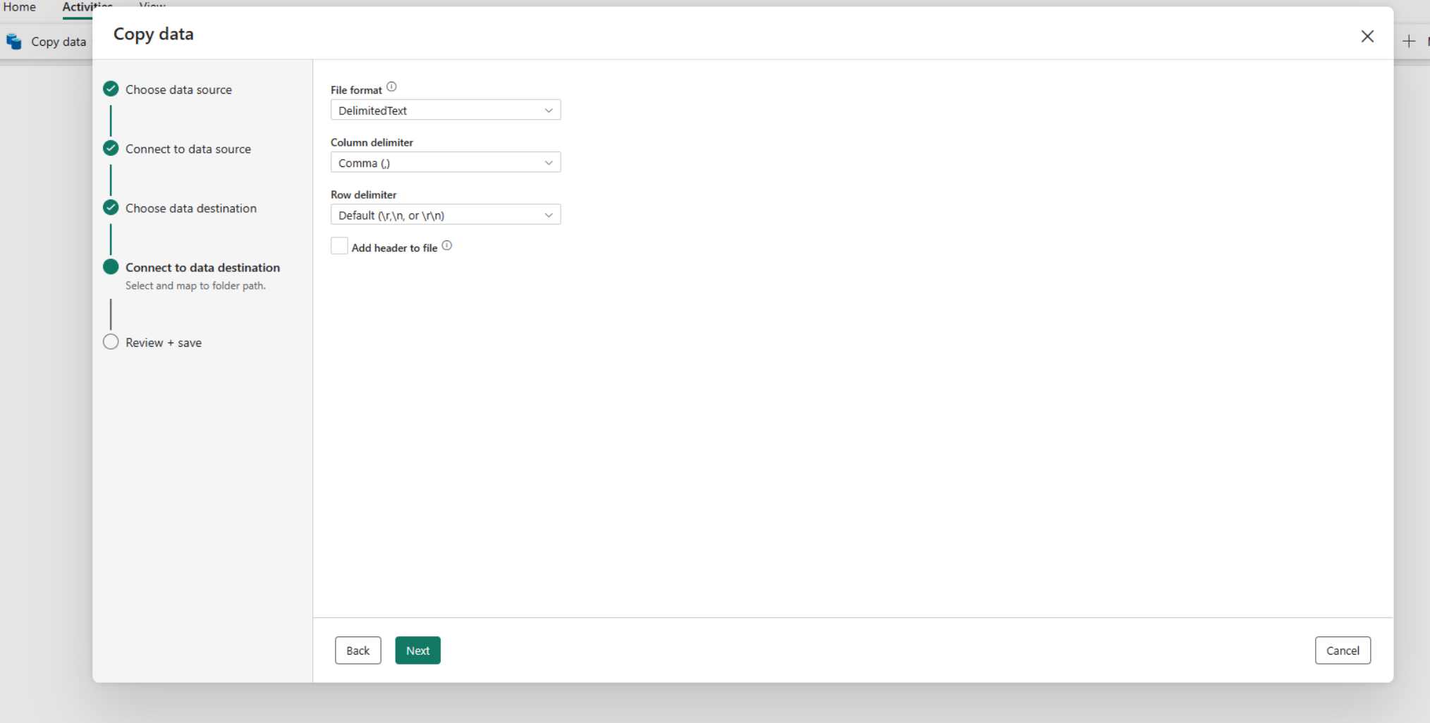 Screenshot of Connect to data destination.