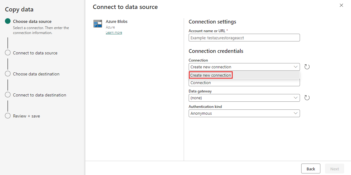 Screenshot showing where to select New connection.