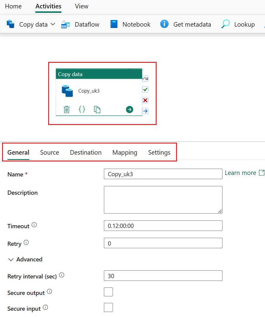 Screenshot showing a copy activity on the pipeline canvas.
