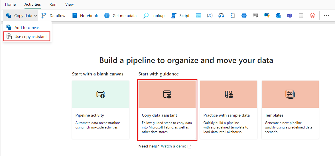 Screenshot showing options for opening the copy assistant.