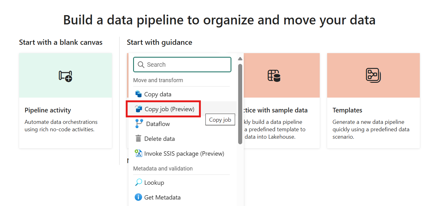 Screenshot of pipeline canvas with the activities window open and the Copy job activity selected.