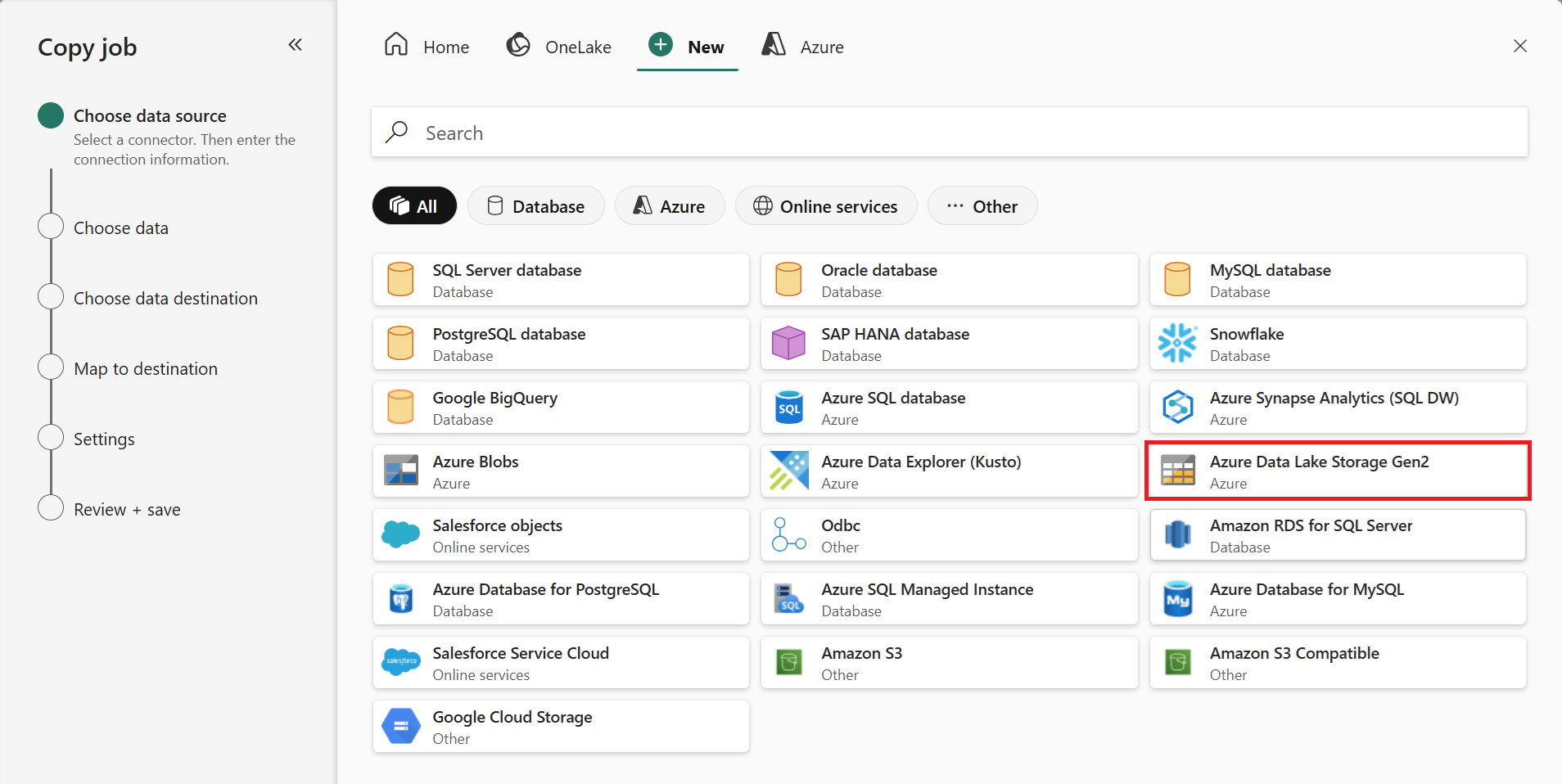 Screenshot showing where to choose a storage source for the Copy job.