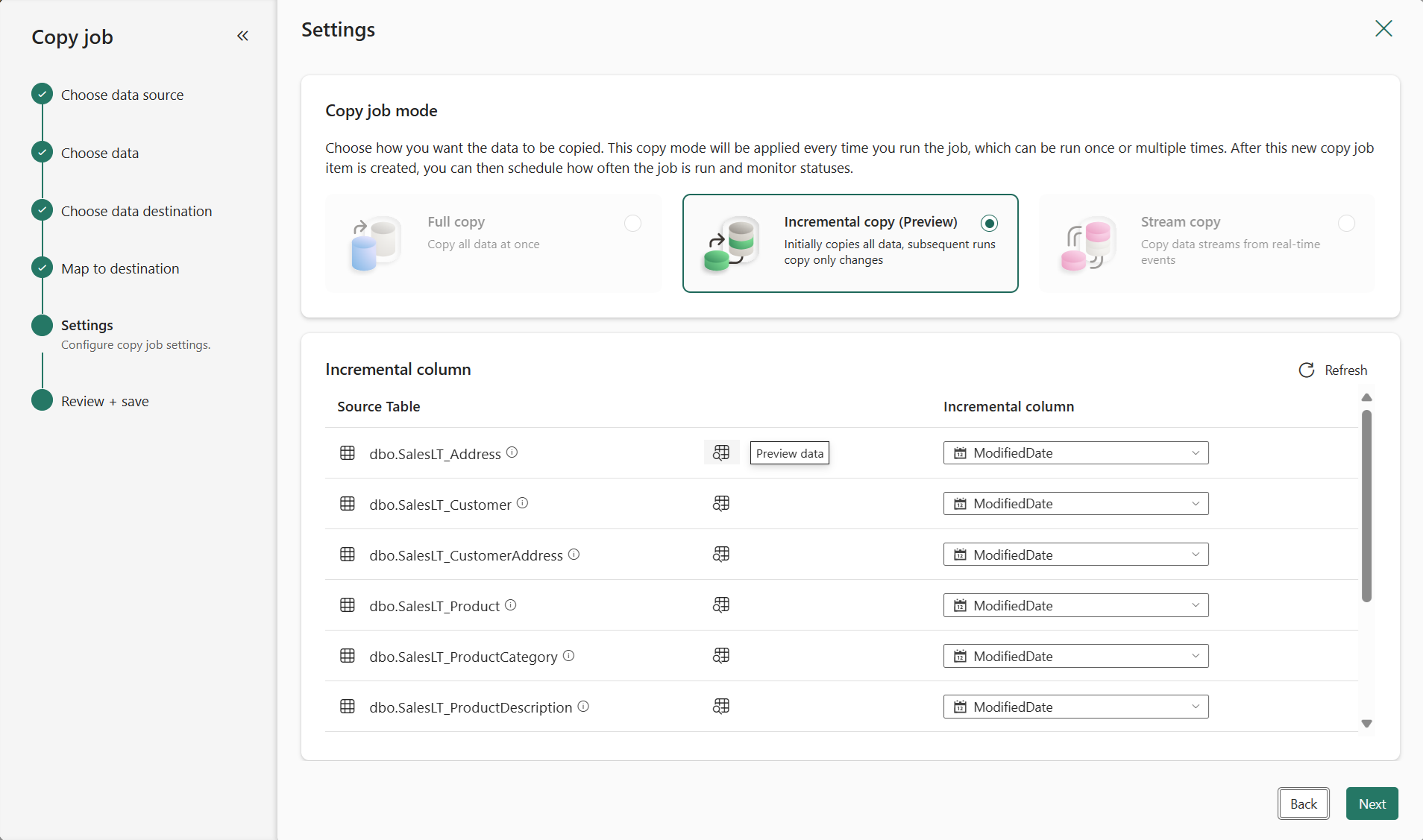 Screenshot showing where to select the Copy job mode.