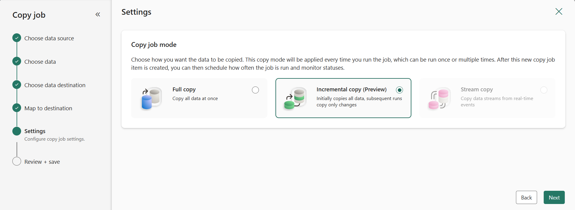 Screenshot showing where to select the Copy job mode for storage.