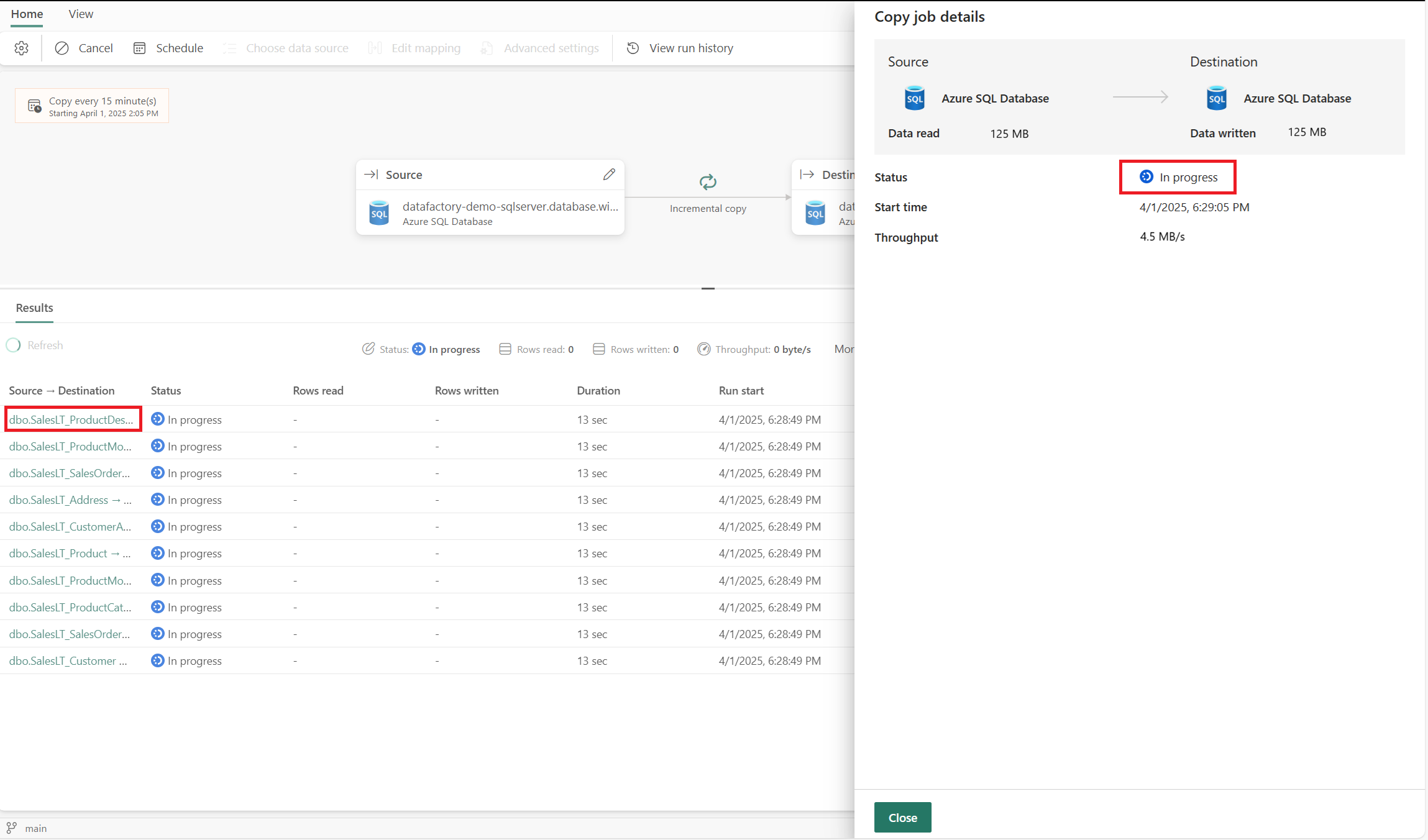 Screenshot showing the monitoring in-progress items in Copy job panel.