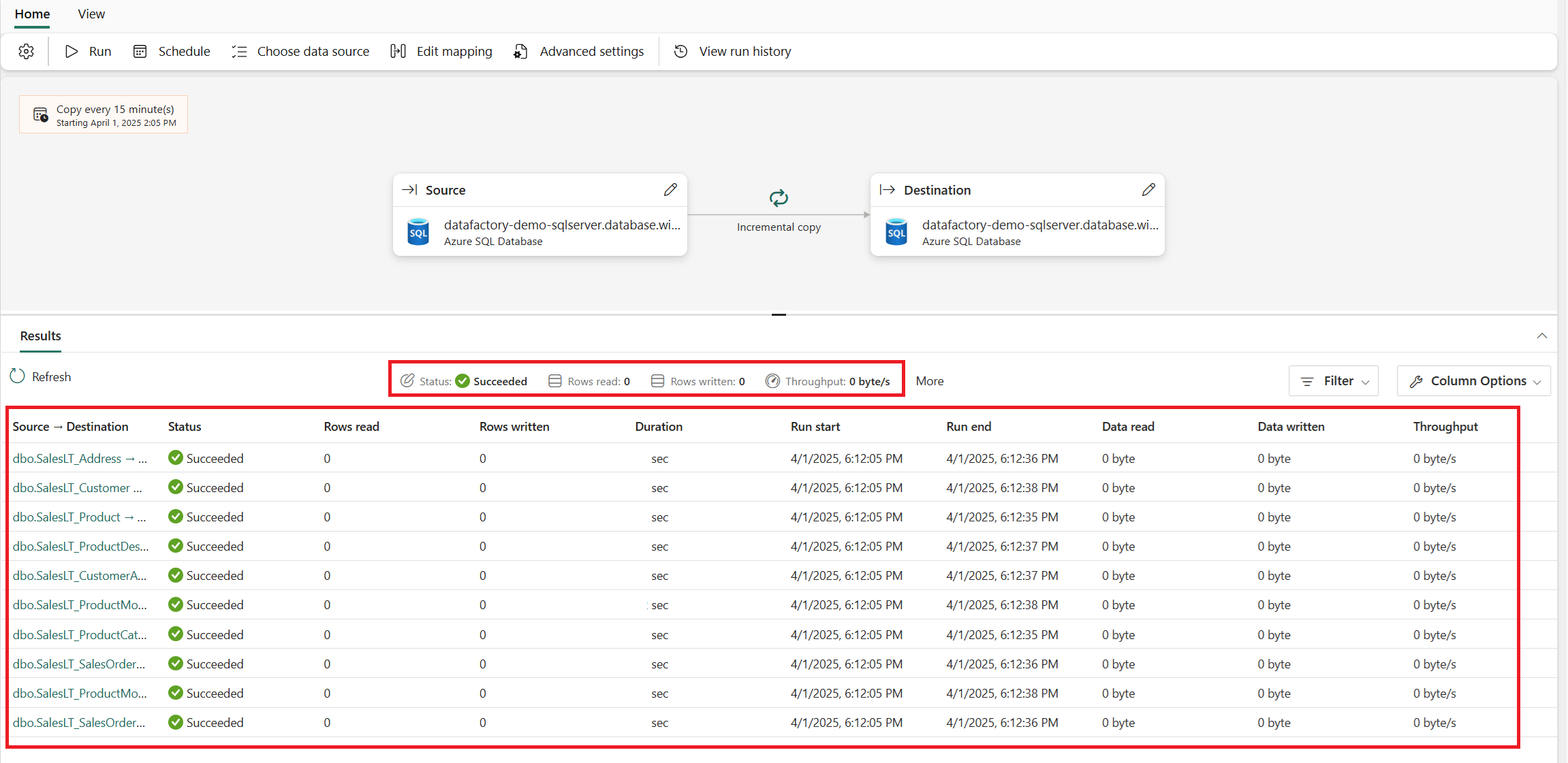 Screenshot showing the monitoring area of the Copy job panel.