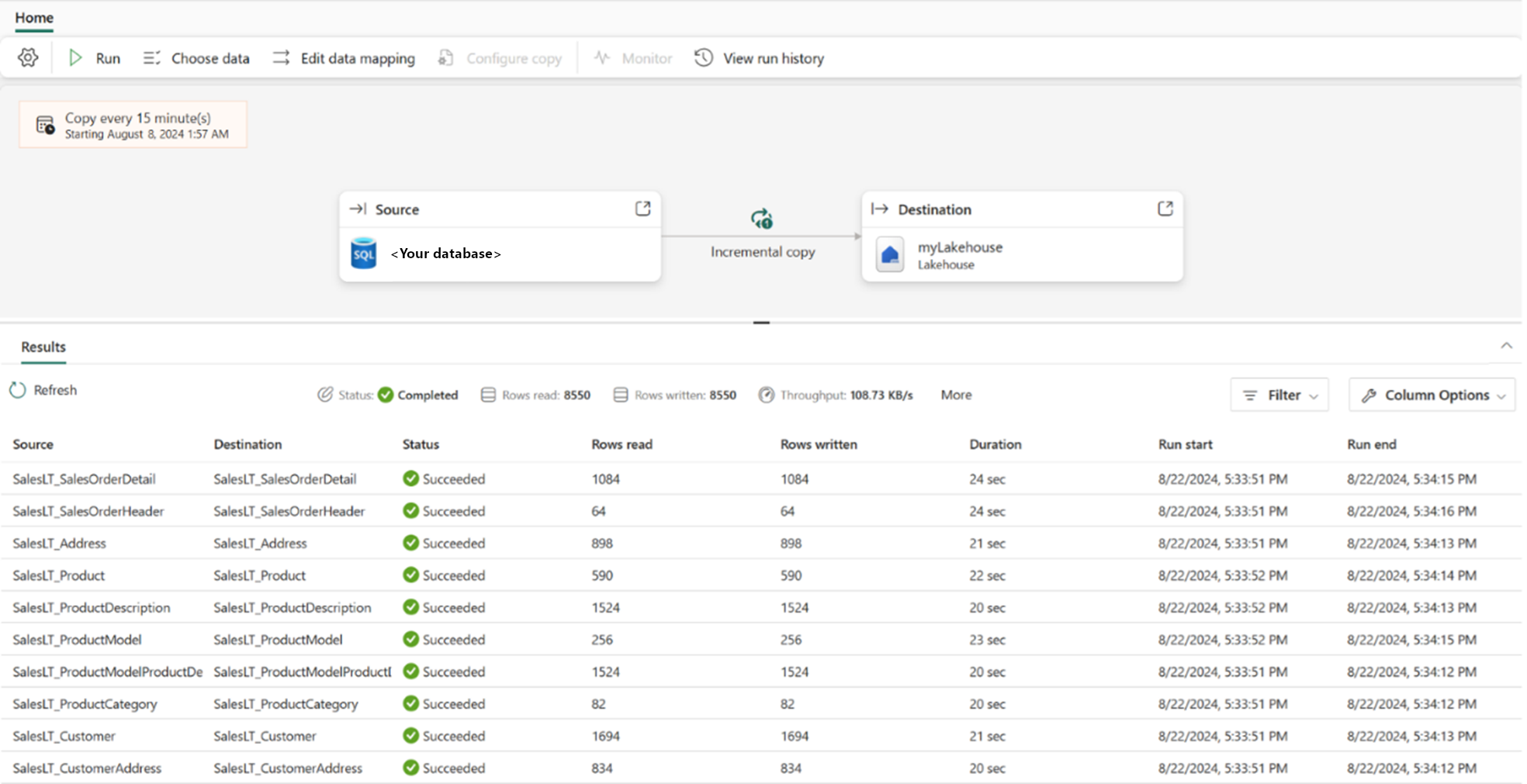 Screenshot showing the Copy job and its results pane.