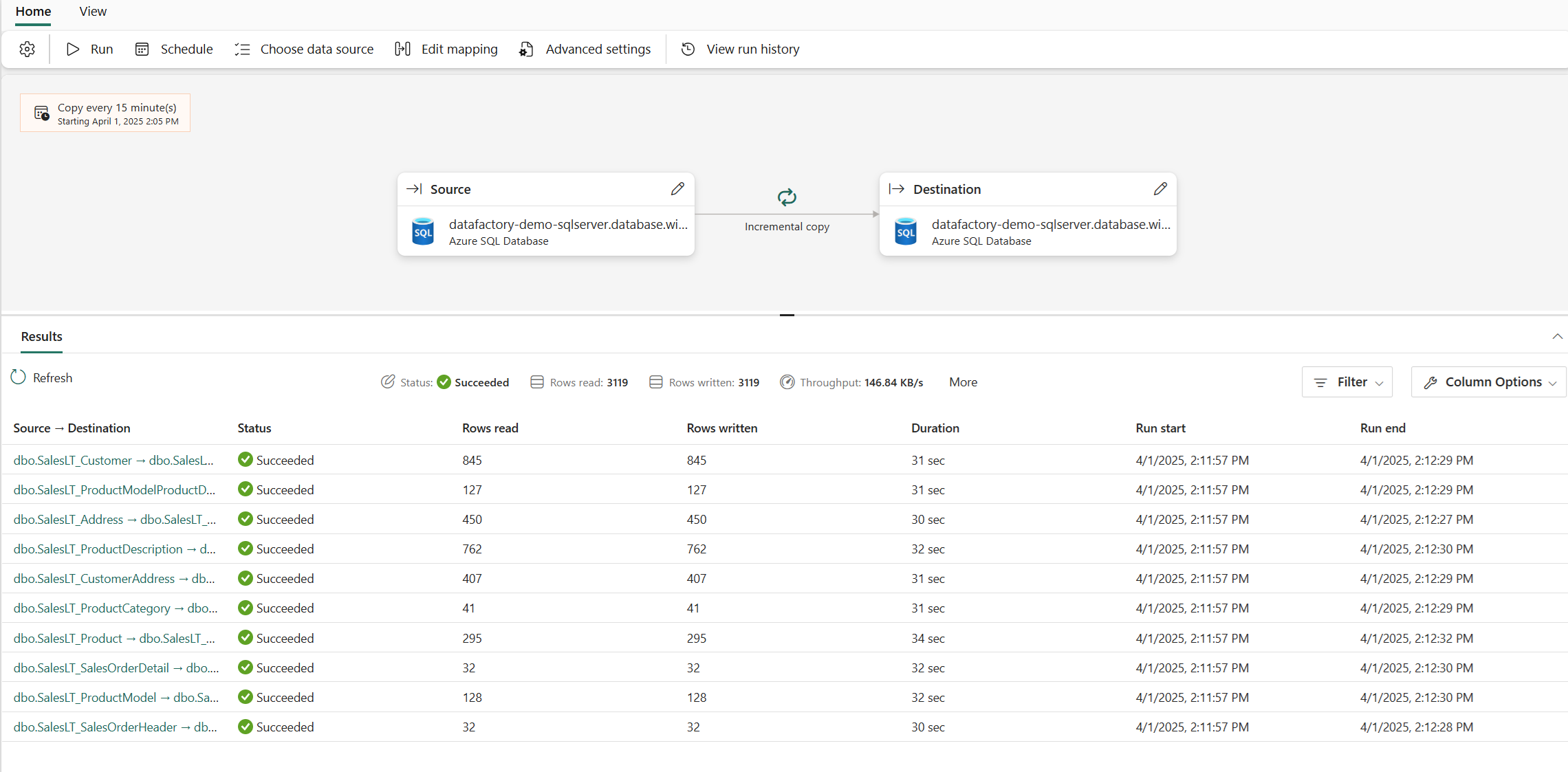 Screenshot showing the Copy job panel where you can monitor run history.