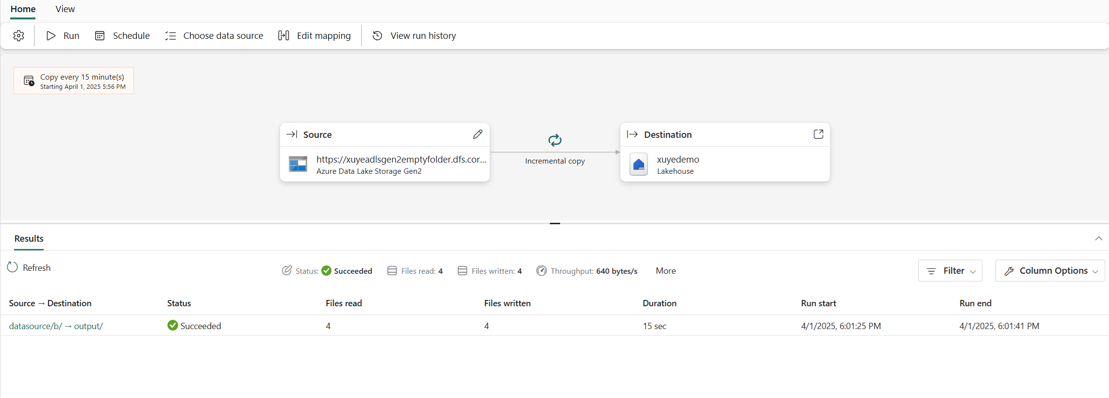Screenshot showing the Copy job panel where you can monitor run history for moving data between storage.