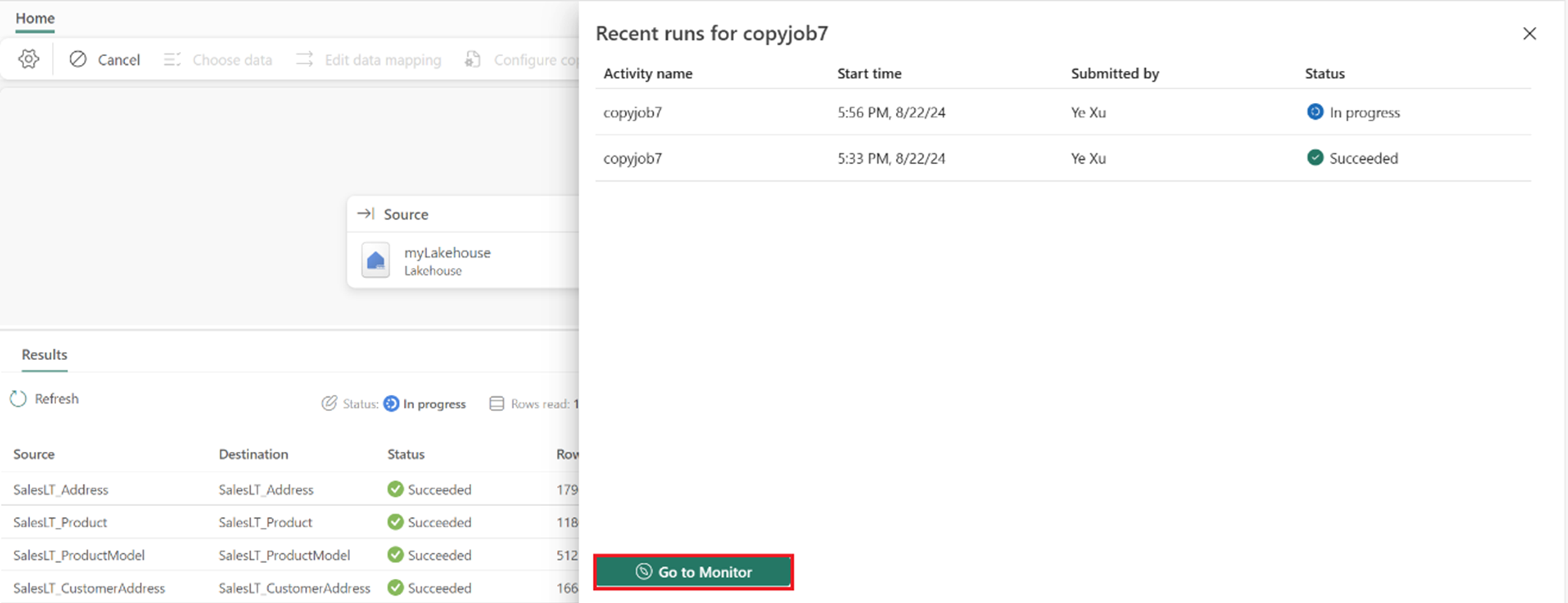Screenshot showing where to select the Go to Monitor button on the recent runs pane for a Copy job.