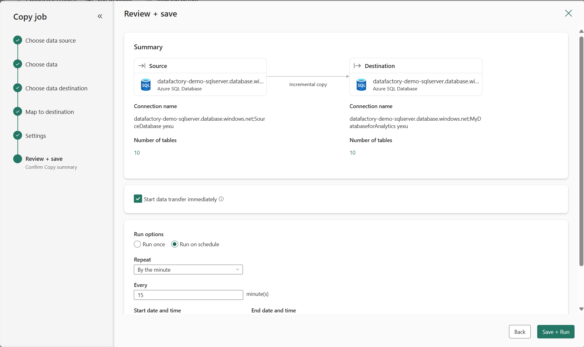 Screenshot showing where to review and save the newly created Copy job.