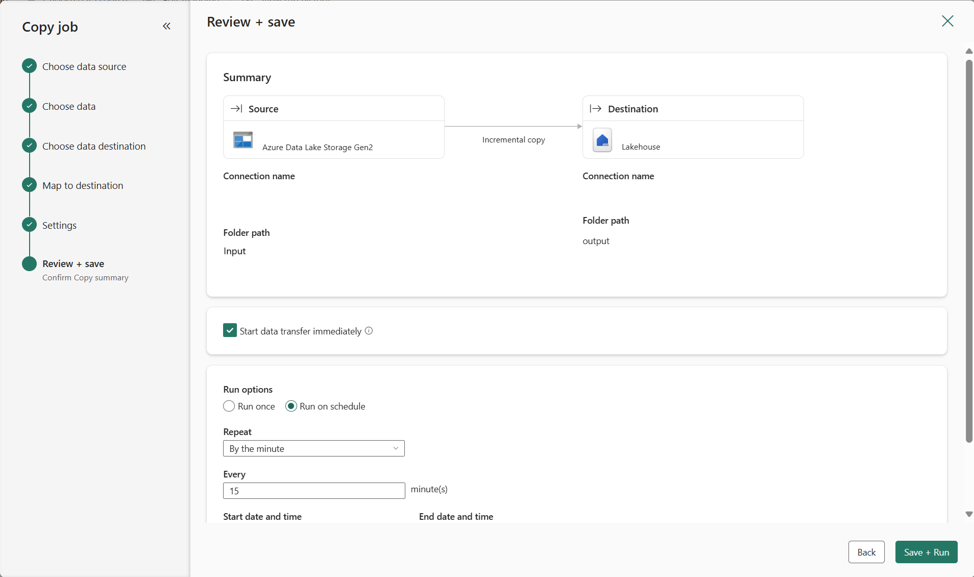 Screenshot showing where to review and save the newly created Copy job for storage.