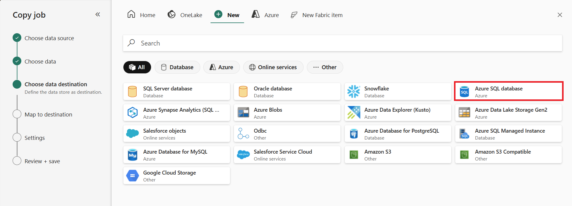 Screenshot showing where to select the destination store for the Copy job.