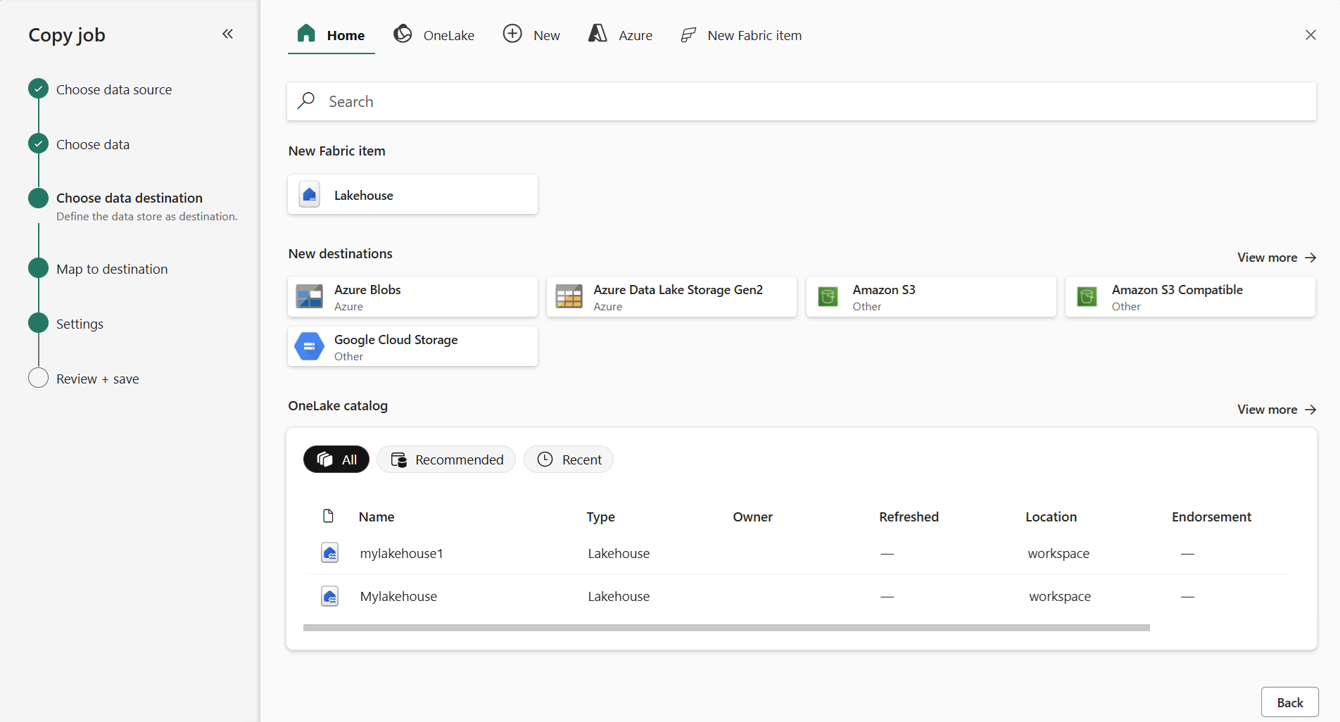 Screenshot showing where to select the storage destination store for the Copy job.