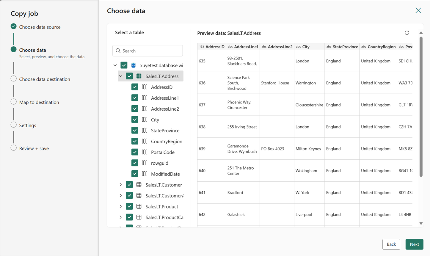 Screenshot showing where to select tables and columns for the Copy job.