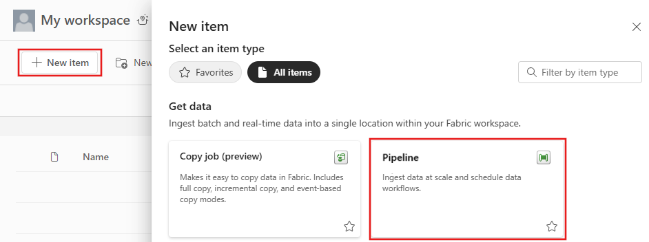 Screenshot showing the new pipeline button in the newly created workspace.