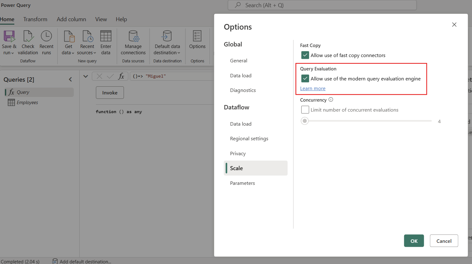 Screenshot of the options dialog in a Dataflow Gen2 with CI/CD displaying the modern query evaluator setting.