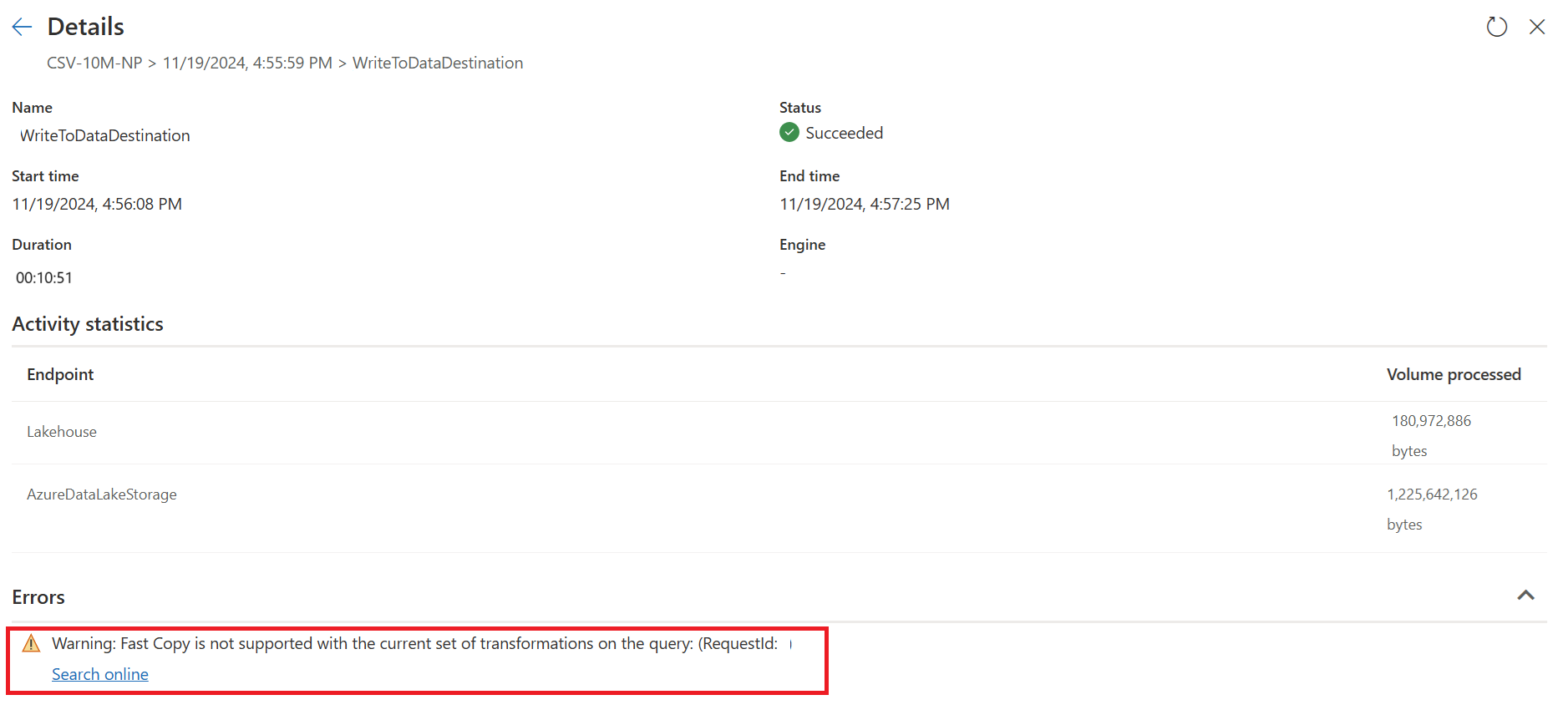 Screenshot showing the result of the query without fast copy enabled.