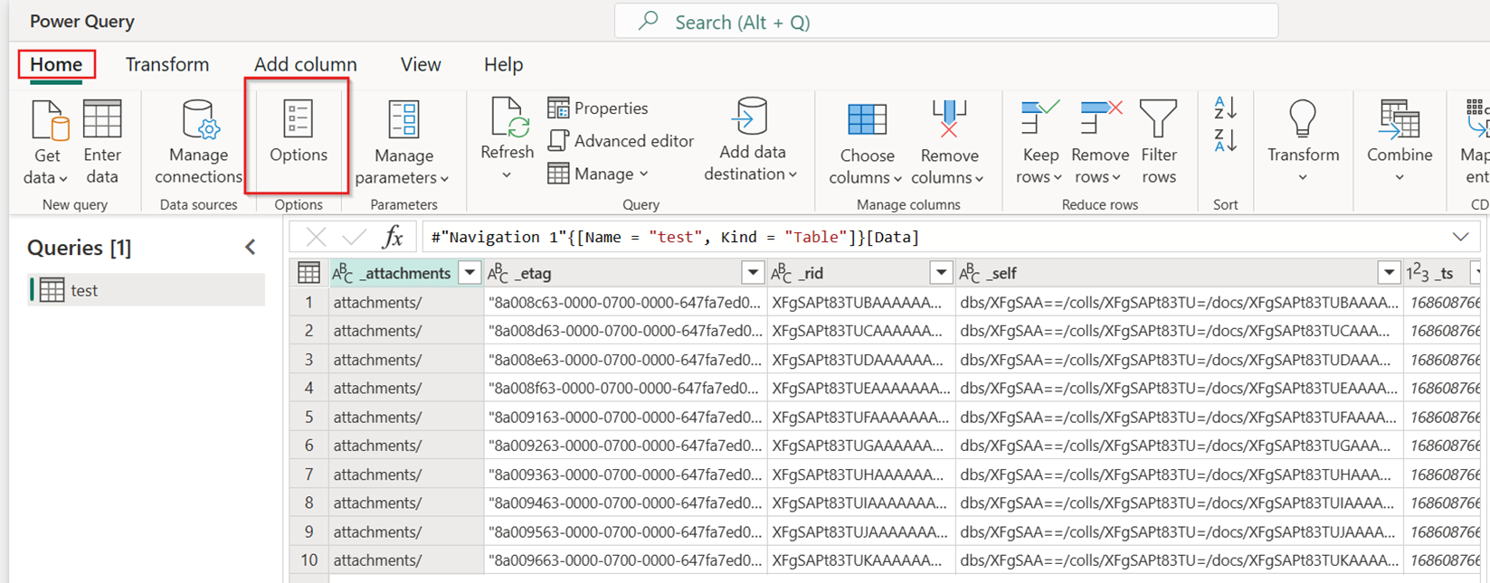 Screenshot showing where to select the Options for Dataflow Gen2 on the Home tab.