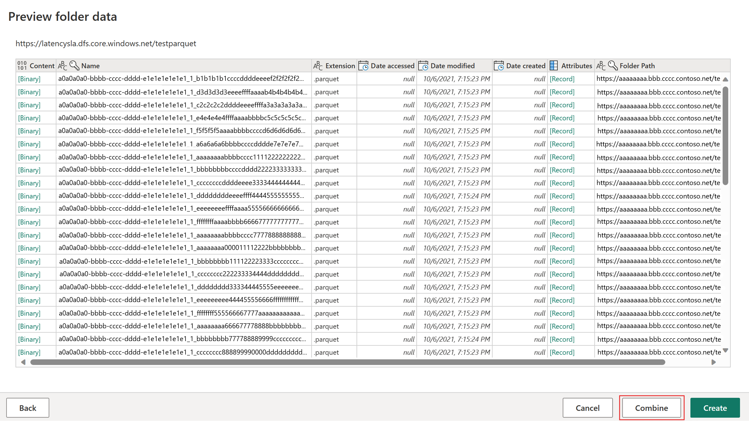 Screenshot showing the Preview folder data window with the Combine option highlighted.