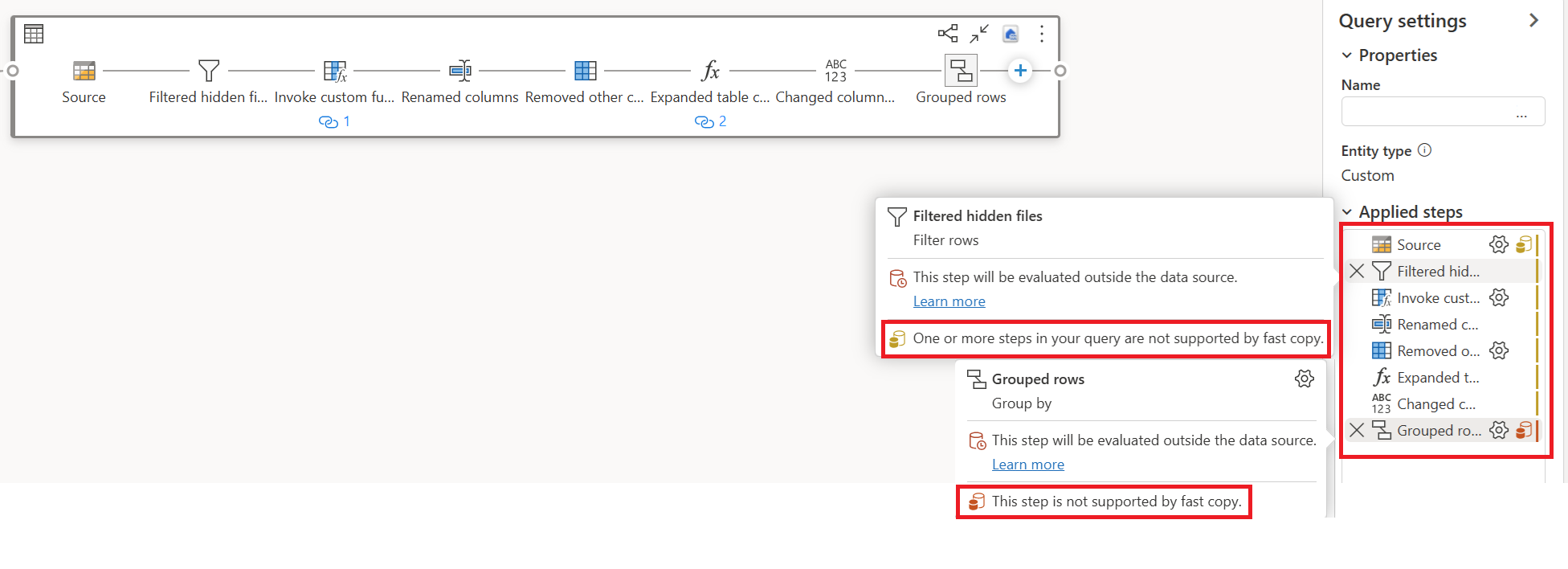 Screenshot showing the contents of the first query with the last step in red.