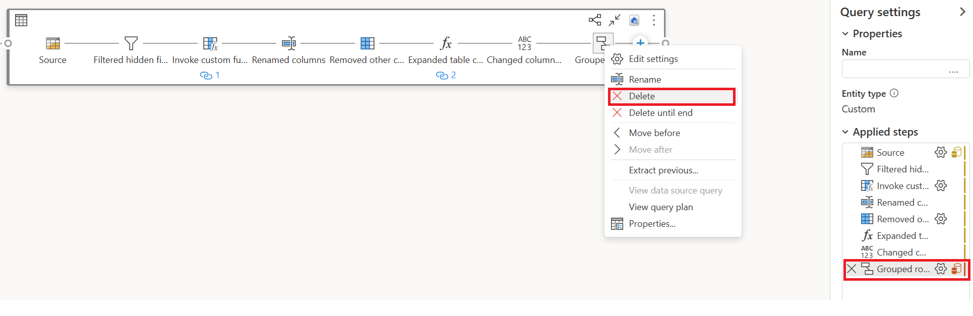 Screenshot showing the first query, where you deleted any steps that don't support fast copy.