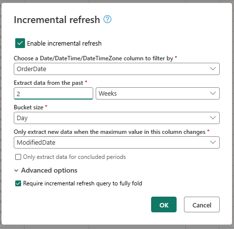 Screenshot of the incremental refresh settings.